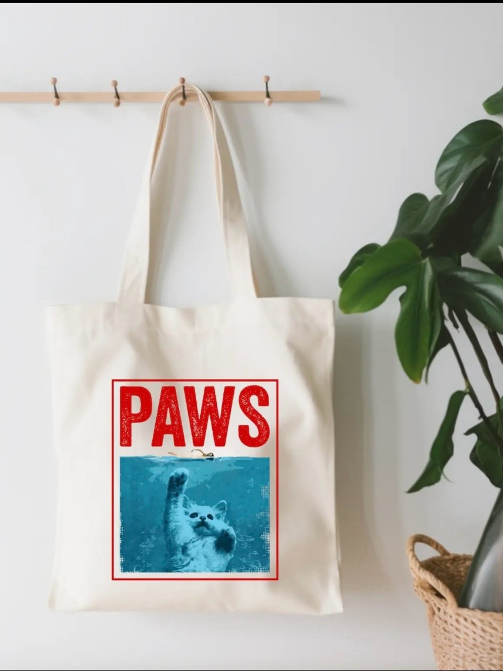 PAWS Canvas Tote Bag - Cream with Red & Blue Graphic